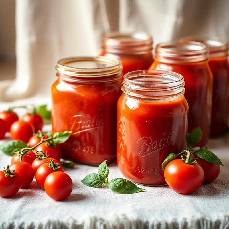 Potes de molho de tomate caseiro armazenados