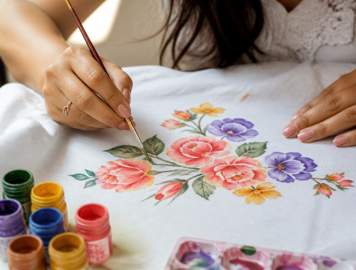 Aluna pintando flores em tecido branco com pincel fino